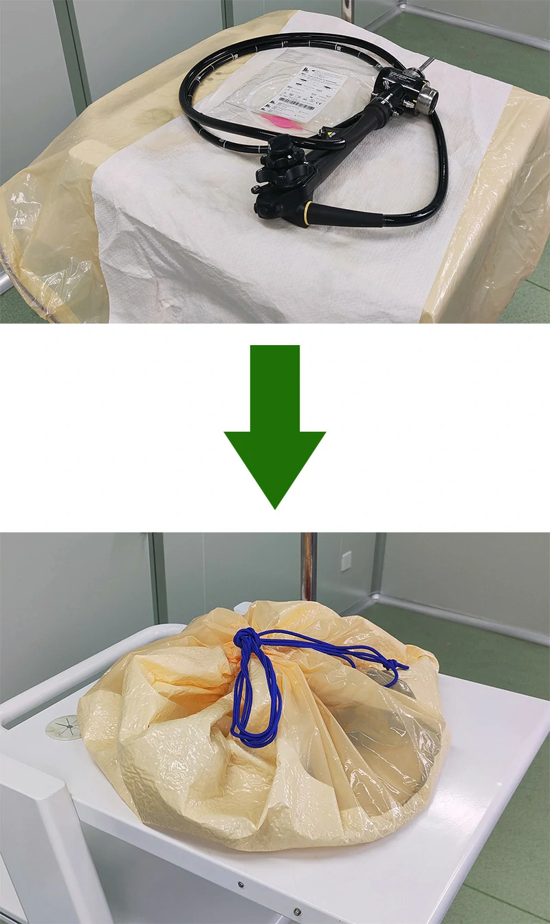 Absorbant protection pad for your endoscope during transport, Strong leak-proof liner to prevent leakage of fluids. Cinching cords converts pad into a transport container.